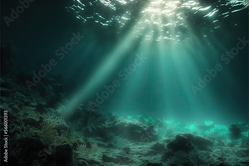  the sun shines through the water on the bottom of the ocean floor  revealing the light coming from the water s surface  creating a pattern.  generative ai