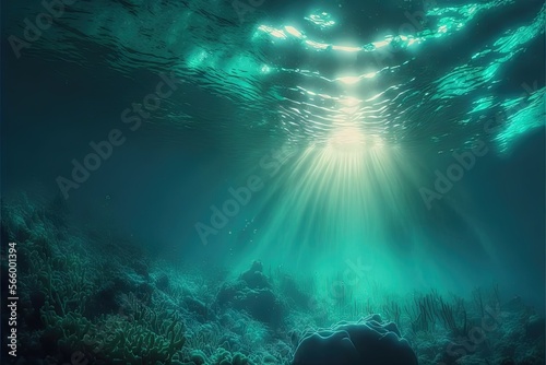  an underwater view of the ocean with sunlight coming through the water and a rock under the water's surface, with the sun shining through the water's surface. generative ai