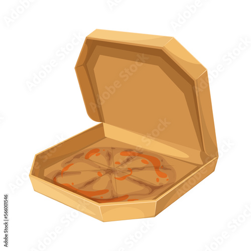 Open dirty pizza box vector illustration. Cartoon isolated brown carton empty package of takeaway fast food from pizzeria or Italian restaurant, container with leftover of pizza sauce, side view