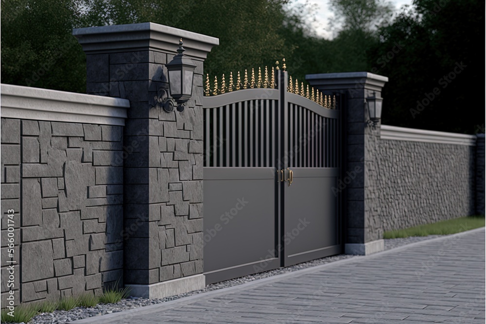 a gate with a brick wall and a stone walkway with a brick walkway between it and a stone wall with a gate and a brick walkway between it. generative ai a gate with a brick wall and a stone walkway with a brick walkway between it and a stone wall with a gate and a brick walkway between it. generative ai