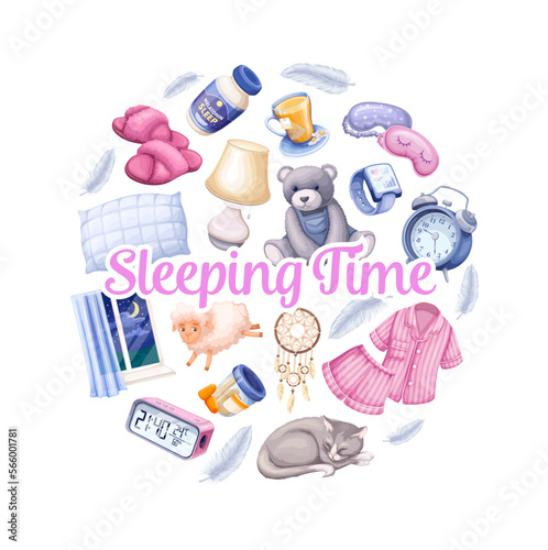 Sleeping time banner design template vector illustration. Cartoon isolated bedtime elements for healthy sleep and relax at night in round frame with text, cute pajamas party in bedroom background