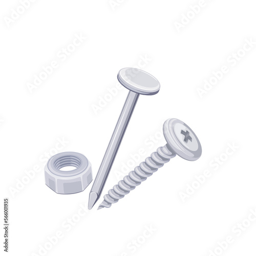 Screw, nail and nut set vector illustration. Cartoon isolated metal hardware collection for construction and repair technical work, steel tools with round head for screw drilling, fixation item