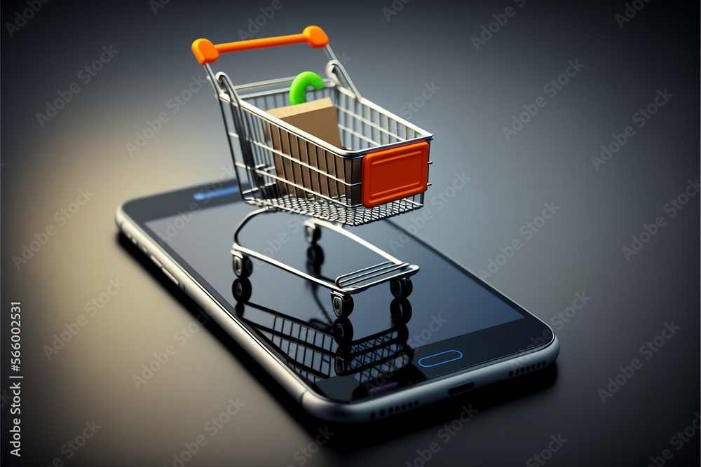 Shopping cart with a mobile phone, e-commerce, technology, Generative AI