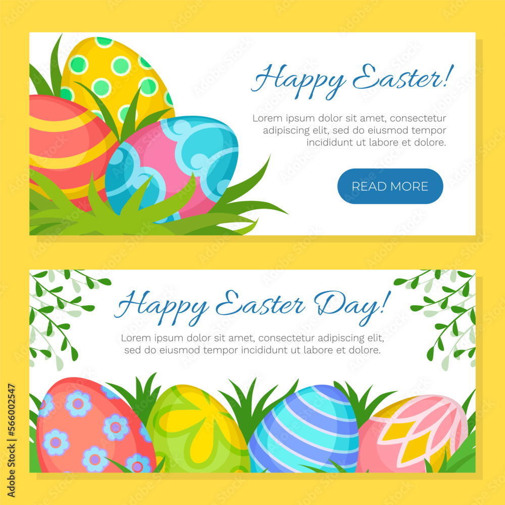 Happy Easter Banner with Decorated Egg Shell Vector Template