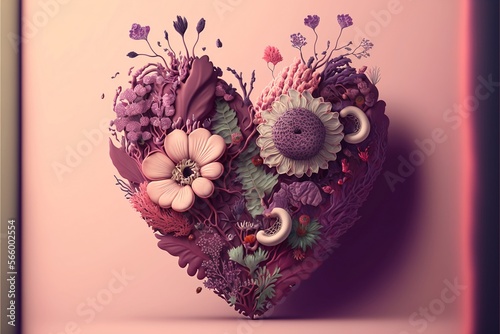 Floral heart Heart of flowers Wedding card Love symbol
on pink background.