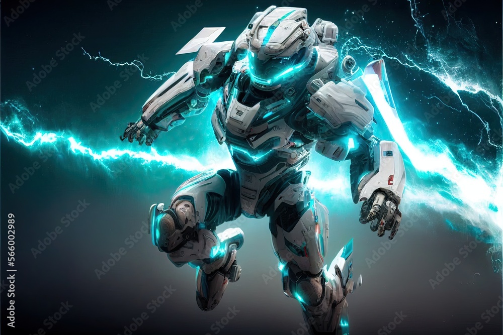 Fototapeta premium Awesome white cosmonaut robot, moving, cosmos background. ai generative