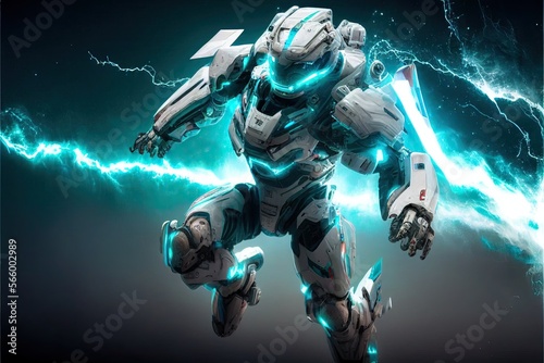Awesome white cosmonaut robot, moving, cosmos background. ai generative