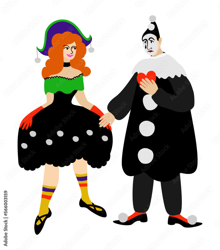 Columbine and Pierrot. Principal characters of italian traditional comedy. Commedia dell'arte. Vector isolated illustration. Love concept. Happy Valentine's Day! Columbine and Pierrot. Principal characters of italian traditional comedy. Commedia dell'arte. Vector isolated illustration. Love concept. Happy Valentine's Day!