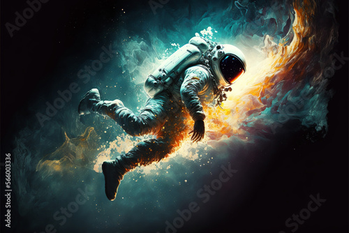 Sstronaut floating zero gravity in outer space. Generative AI © Luiz