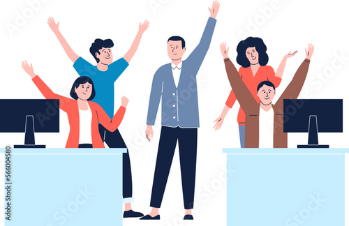 Successful work is ready. Happy office team develop startup. Managers at friday, man woman in business group at computers, victory vector scene