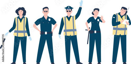 Police officers group, female and male security workers. Policemen characters, cop or guard. Cartoon bodyguards team in uniform, recent vector scene