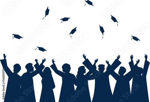 Graduates crowd throwing academy hats, fun graduation cheers and celebrating. Silhouettes group, isolated education background, recent students vector banner