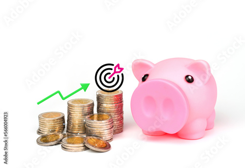 savings goals, money or coin, piggy bank, arrow pointing up. Saving Money.