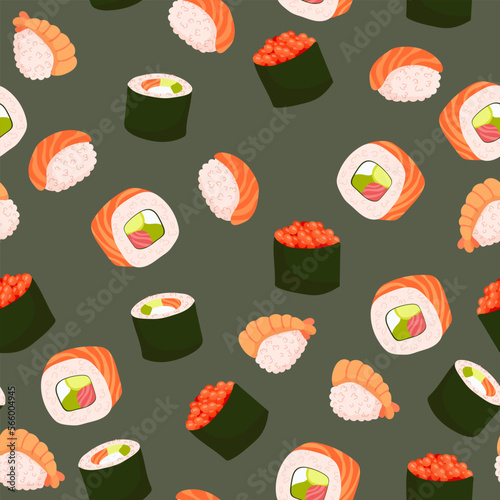 Seamless pattern Set for sushi. Different types of sushi and rolls. Traditional Japanese roll, with tobiko caviar, original with Philadelphia cheese and soy sauce, salmon and king prawns. Vector 