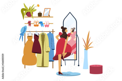 Flat girl in dress in wardrobe stand in front of big mirror and choose outfit. Young woman in pacious walk-in closet or boutique shop. Clothes and accessories on floor hanger and shelves.