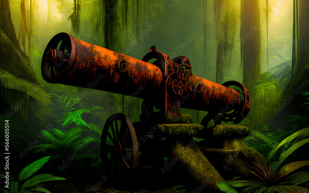 Tropical jungle forest and an old rusty military cannon. Generative Al Illustration.