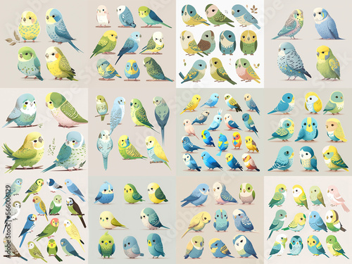 A large collection of adorable pet budgie birds illustrations made with Generative AI