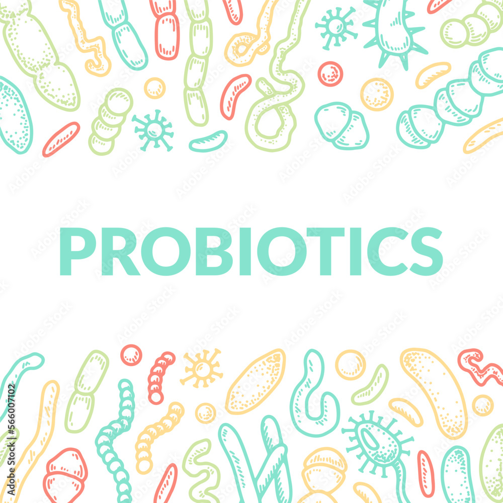 Probiotics hand drawn packaging design. Scientific vector illustration in sketch style