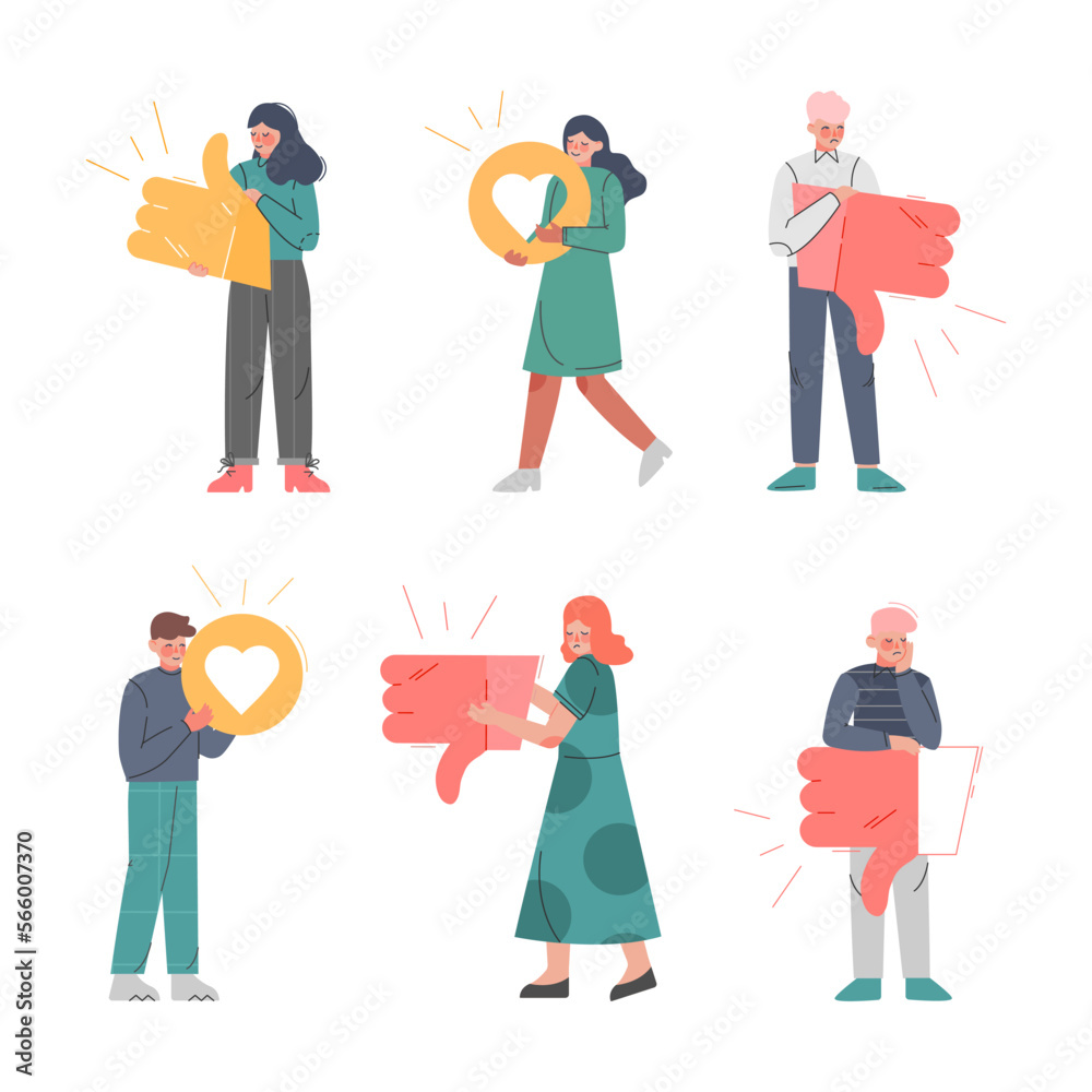 People Characters Holding Like Signs with Thumb Up and Down as Notification of Approval and Disapproval Vector Illustration Set