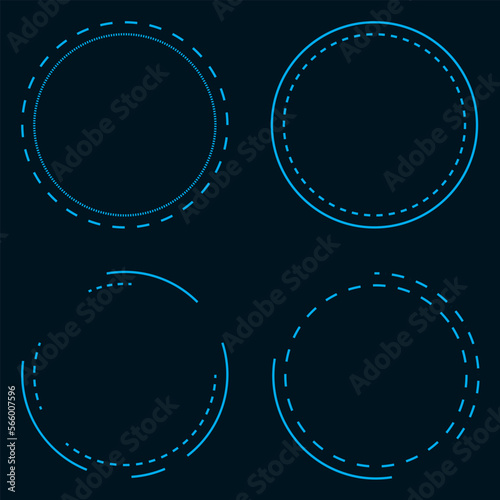 Round frames with dash. Science Fiction elements for the GUI, UI interface.