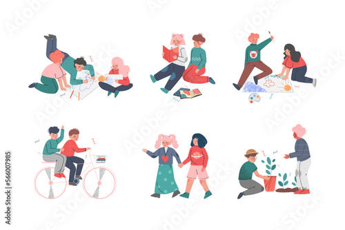 Happy Kids with Friends Playing and Having Fun Engaged in Different Activity Vector Set
