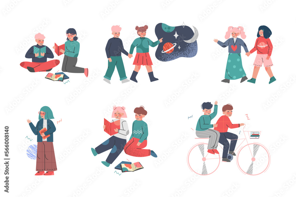 Happy Kids with Friends Playing and Having Fun Engaged in Different Activity Vector Set Happy Kids with Friends Playing and Having Fun Engaged in Different Activity Vector Set