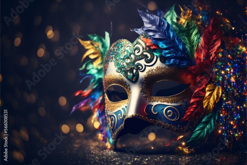 Venetian mask on dark bokeh background. Generative Ai