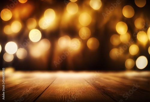 abstract gold background with blur bokeh light, glitter glow magical moment luxury atmosphere on wooden prank board ground stage, Generative Ai