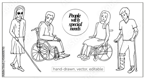 Disabled People. Hand-drawn doodle set. People with special needs.