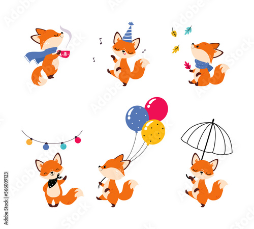 Cute Little Fox Engaged in Different Activity Vector Set