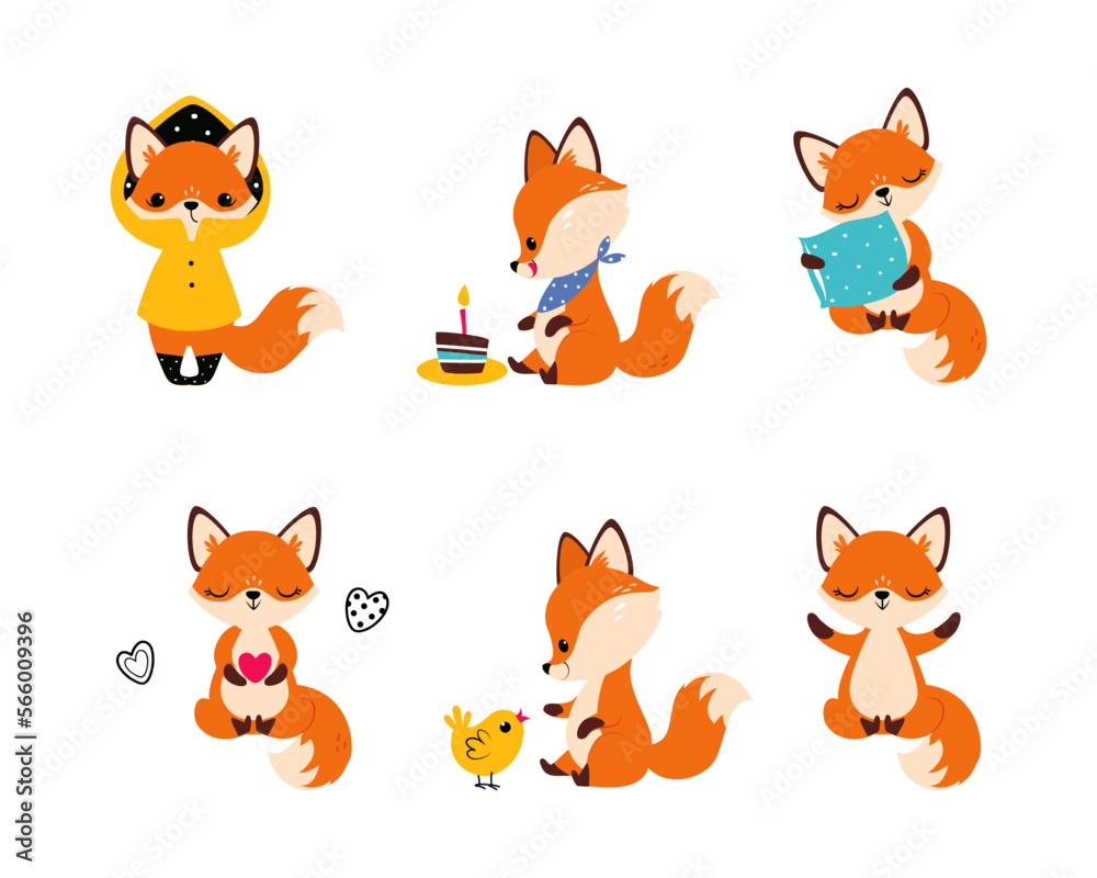 Cute Little Fox Engaged in Different Activity Vector Set