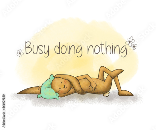 A cute bunny lying on the floor with a cushion with the message 'busy doing nothing'.