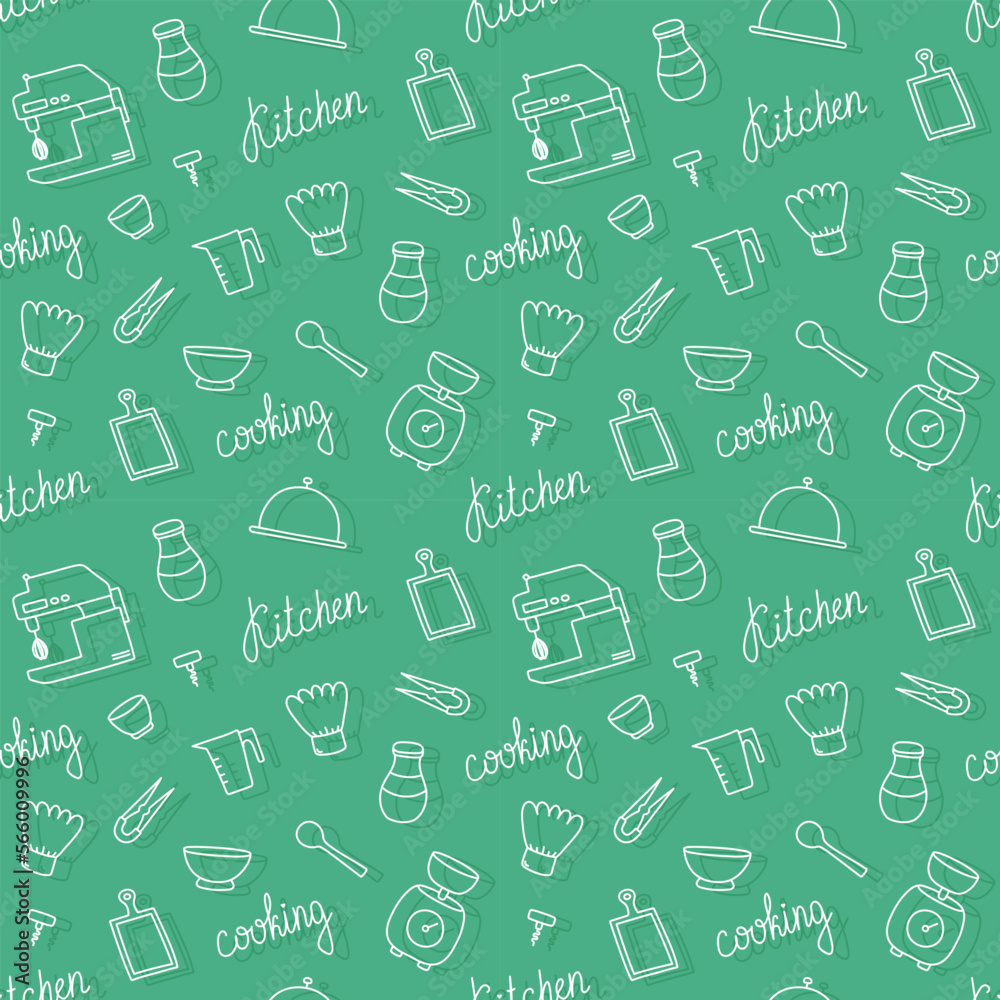 Naklejka premium Seamless pattern with white hand drawn sketchy kitchenware on green background. Wrapping paper, tablecloth, napkin or textile design with cooking tools. Wallpaper for restaurant menu, bakery, cookbook