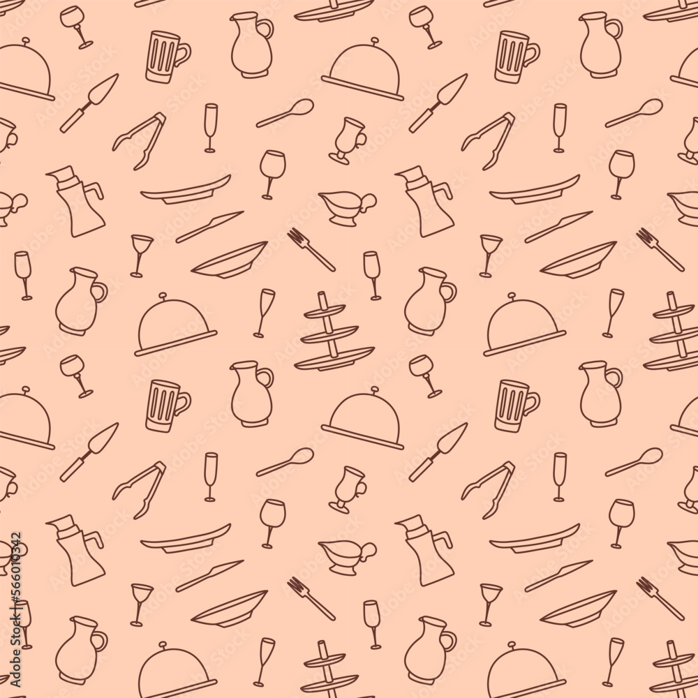 Seamless pattern with brown hand drawn sketchy kitchenware on beige background. Wrapping paper, tablecloth, napkin or textile design with cooking tools. Wallpaper for restaurant menu, bakery, cookbook