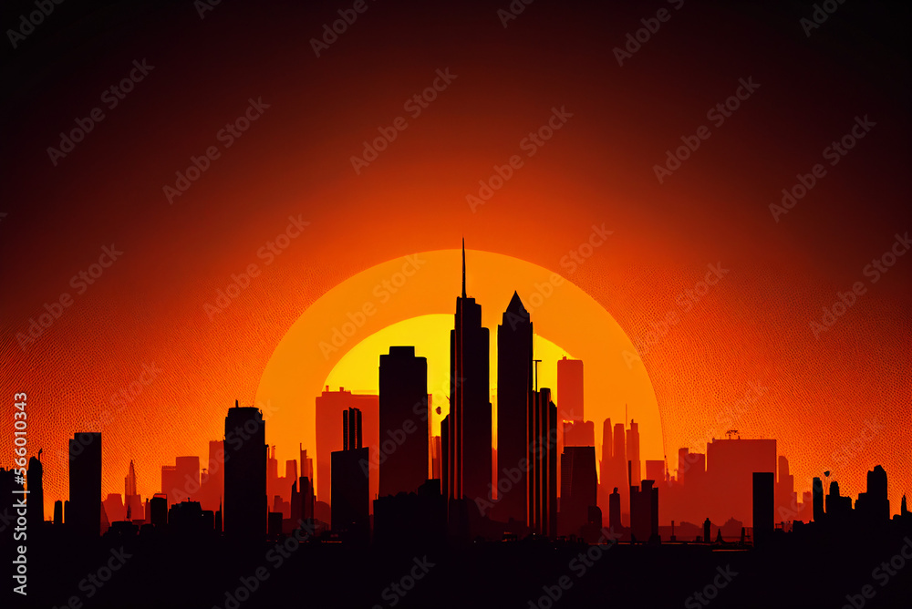 A Vector Silhouette City with skyscrapers against a Sunset Sky of Radiant Hues