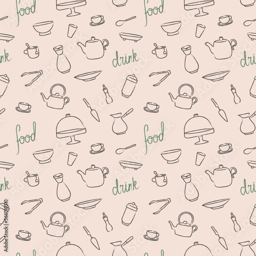 Seamless pattern with brown hand drawn sketchy kitchenware and green text on beige background. Wrapping paper  tablecloth  napkin design with cooking tools. Wallpaper for menu  bakery  cooking book