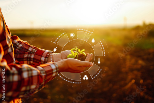 Hand of expert farmer collect soil and checking soil health before growth a seed of vegetable. Modern technology in agriculture. Organic Farming Concept