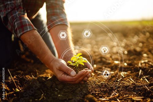 Hand of expert farmer collect soil and checking soil health before growth a seed of vegetable. Modern technology in agriculture. Organic Farming Concept photo