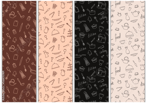 Set of brown and beige seamless patterns with hand drawn sketchy kitchenware. Dark and light wrapping paper with chalkboard or tablecloth, napkin design with cooking tools, cutlery