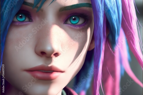 Close up of beautiful anime girl that has blue and pink hair with blue eyes. Blue eyebrows. Looking straight. Generative ai technology.