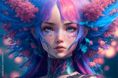 Close up of beautiful anime girl that has blue and pink hair with blue eyes. Looking straight. Generative ai technology.