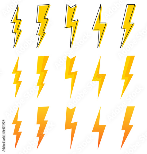 Lightning bolts icon set. High voltage sign collection. Cartoon thunderbolt, lighting strike, flash symbol. Battery charger pictogram. Vector illustration