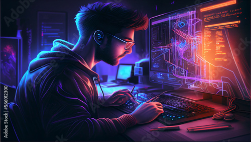 illustration of a focused and determined man programming a system on a computer, generative AI
