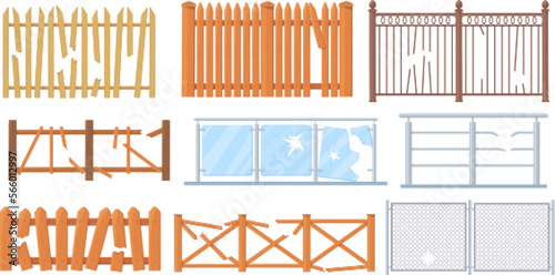 Broken fences. Destroy or break fencing, plank loophole in wood fence, timber backdrop farm garden gates with hole, old board wooden picket barrier cartoon neat vector illustration