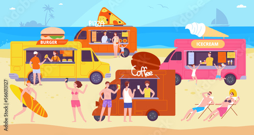 Beach van festival. Tourists food truck trailer coffee kiosk, tropical street vehicle marketplace american camping car caravan restaurant picnic party splendid vector illustration