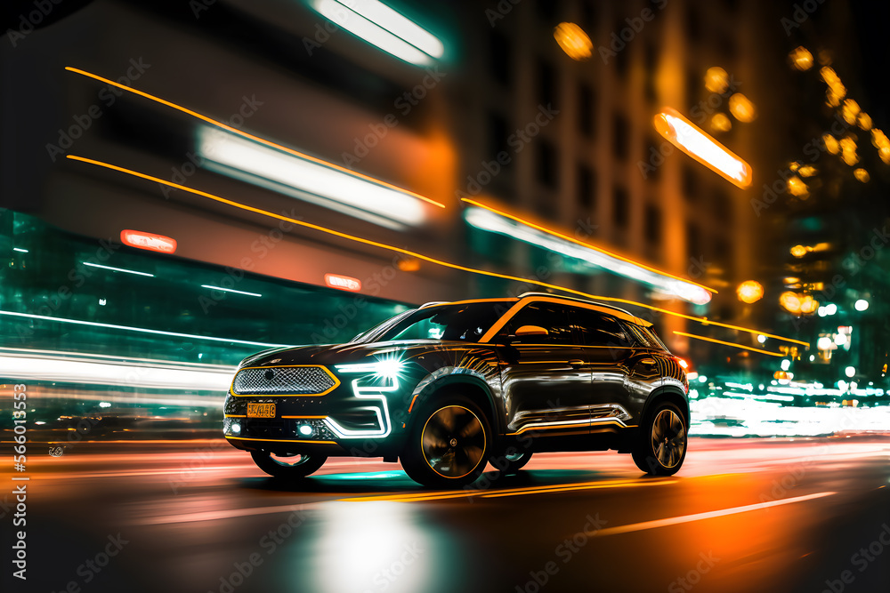 Obraz Premium aesthetic electric SUV car in city night, design, Generative Ai. fototapeta, plakat
