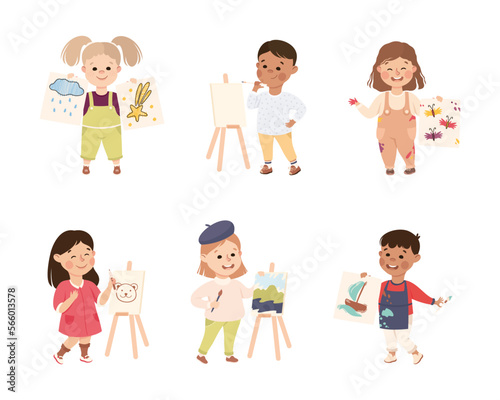 Happy Cute Kids Drawing and Painting on Paper and Canvas with Brush and Color Pen Vector Set