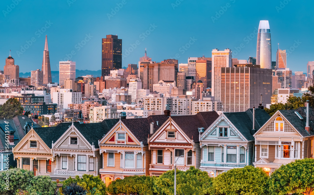 Painted Ladies Victorian houses in Alamo Square and a view of the San Francisco skyline and skyscrapers. Photo processed in pastel colors Painted Ladies Victorian houses in Alamo Square and a view of the San Francisco skyline and skyscrapers. Photo processed in pastel colors