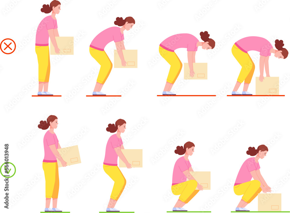 Woman lifting box. Correct and incorrect handling heavy objects, painful or safety posture for carry heaviness, wrong proper lift work women position, splendid vector illustration