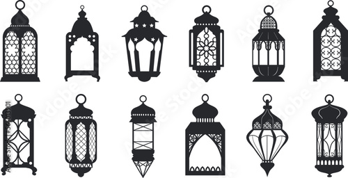 Black ramadan lanterns. Fanous line lantern, arabic lamps silhouettes vintage egyptian moroccan dubai eastern lamp for islamic mosque or arabian lighting, neat vector illustration